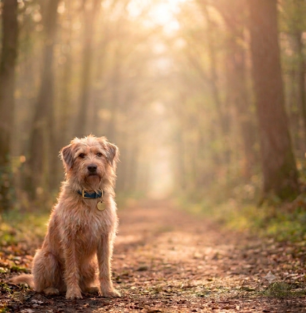 Dog in harness outdoors