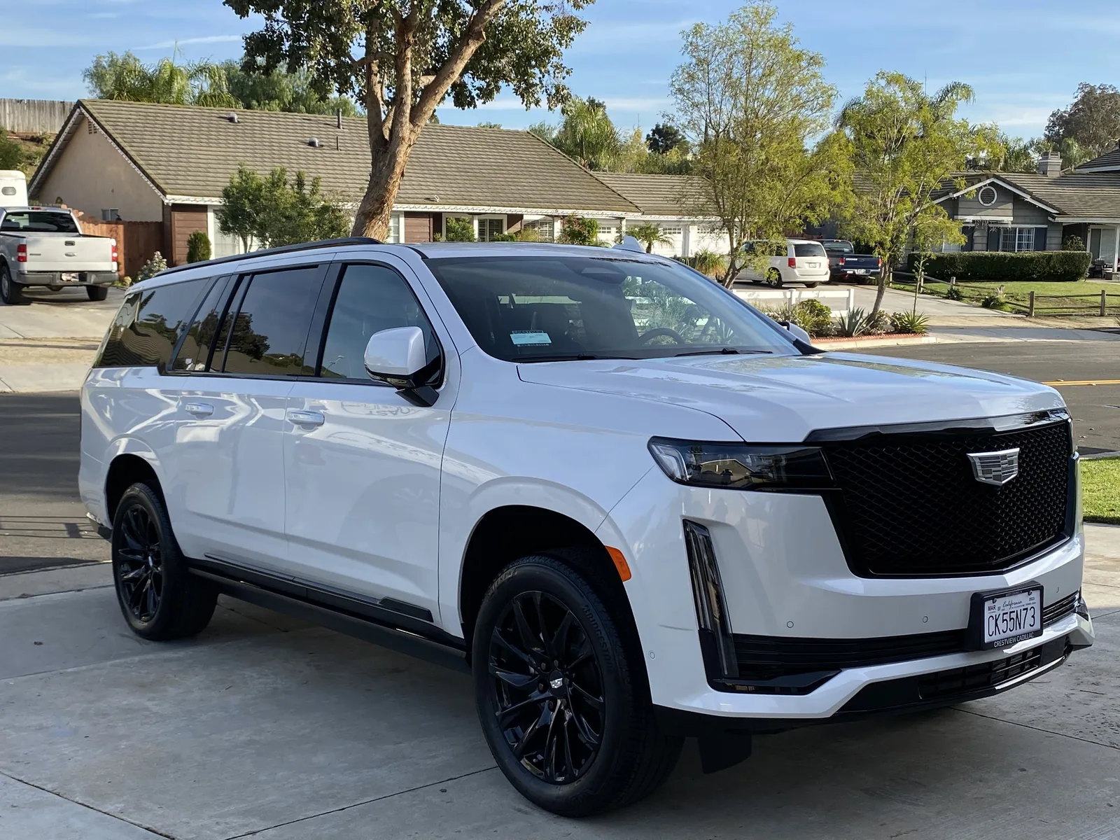 White Cadillac Escalade full-size luxury SUV detailed with wheel cleaning and tire dressing