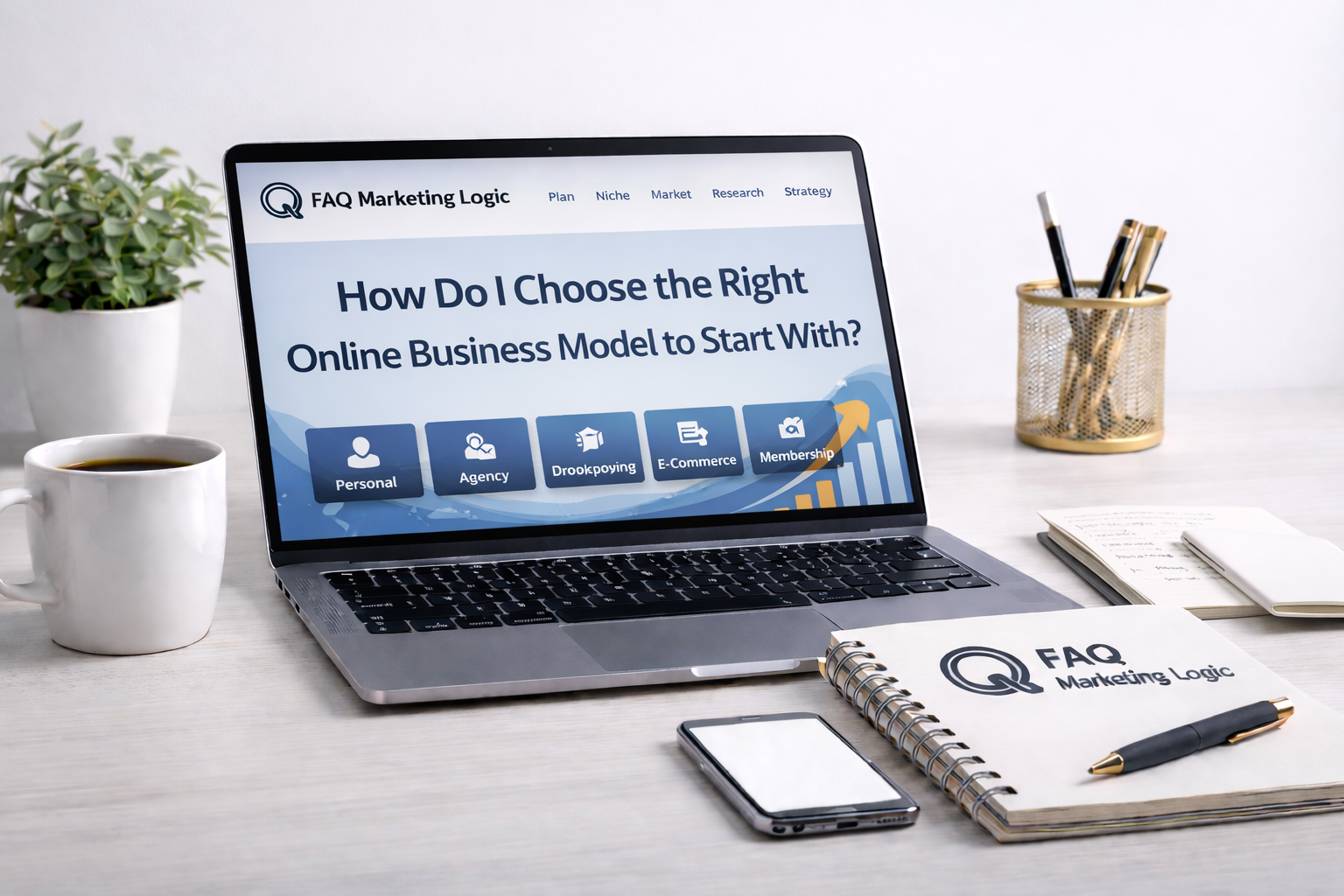 FAQ Marketing Logic business cornerstone guide displayed on laptop with branded notebook on clean professional workspace desk