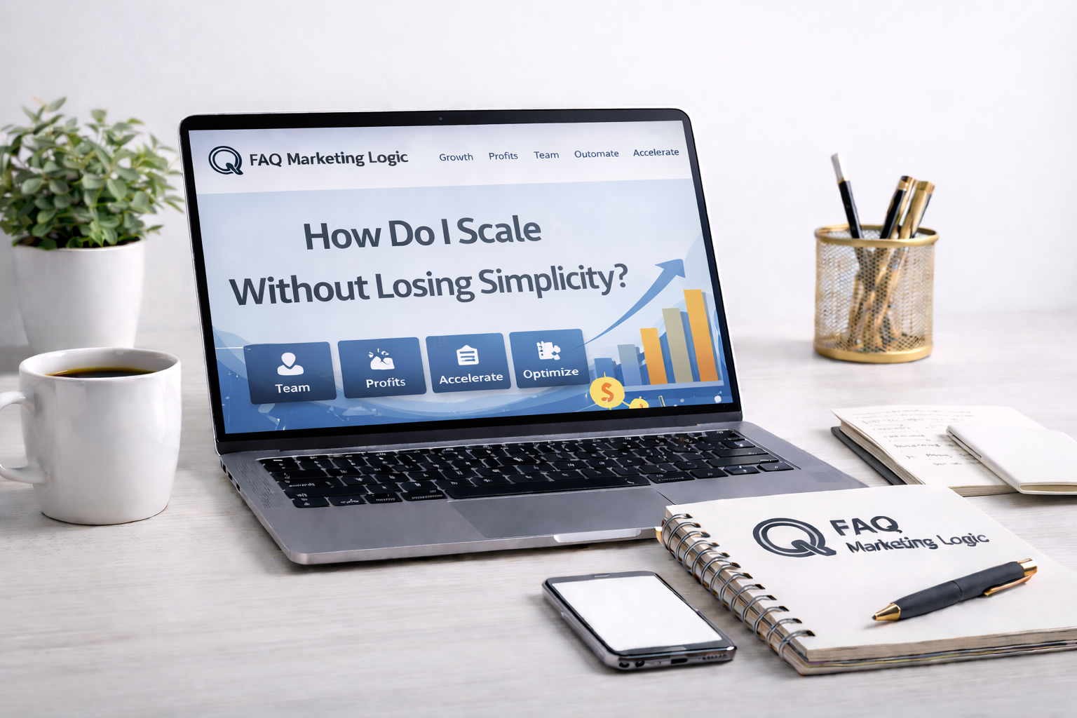 FAQ Marketing Logic scale cornerstone guide displayed on laptop with branded notebook and growth-focused professional workspace setup