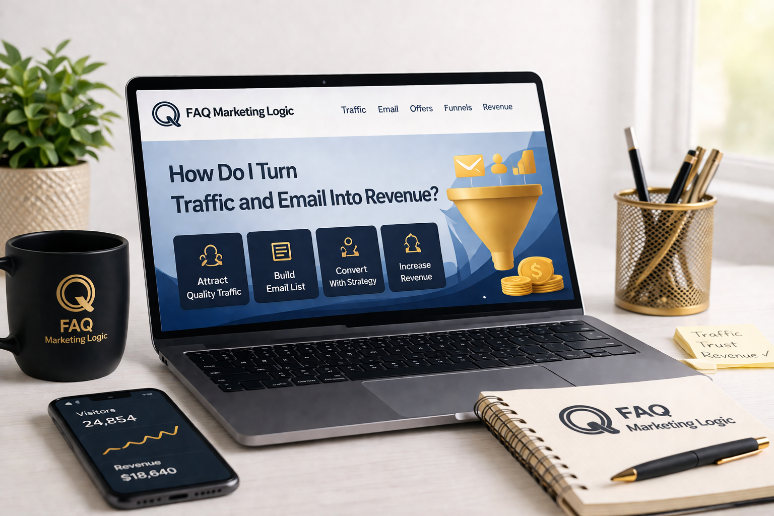 FAQ Marketing Logic conversion cornerstone guide displayed on laptop with branded notebook and revenue-focused professional workspace setup