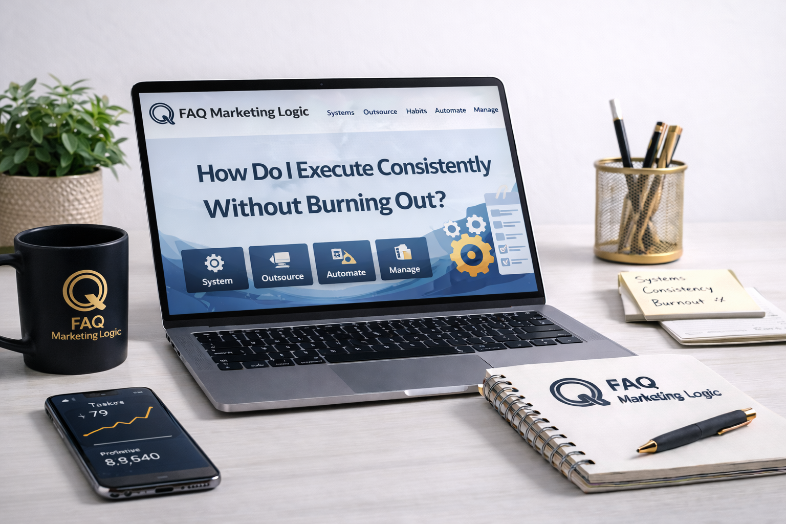 FAQ Marketing Logic systems cornerstone guide displayed on laptop with branded notebook and productivity-focused professional workspace setup
