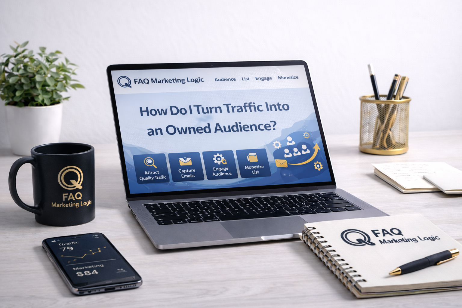 FAQ Marketing Logic email cornerstone guide displayed on laptop with branded notebook and email growth focused professional workspace setup