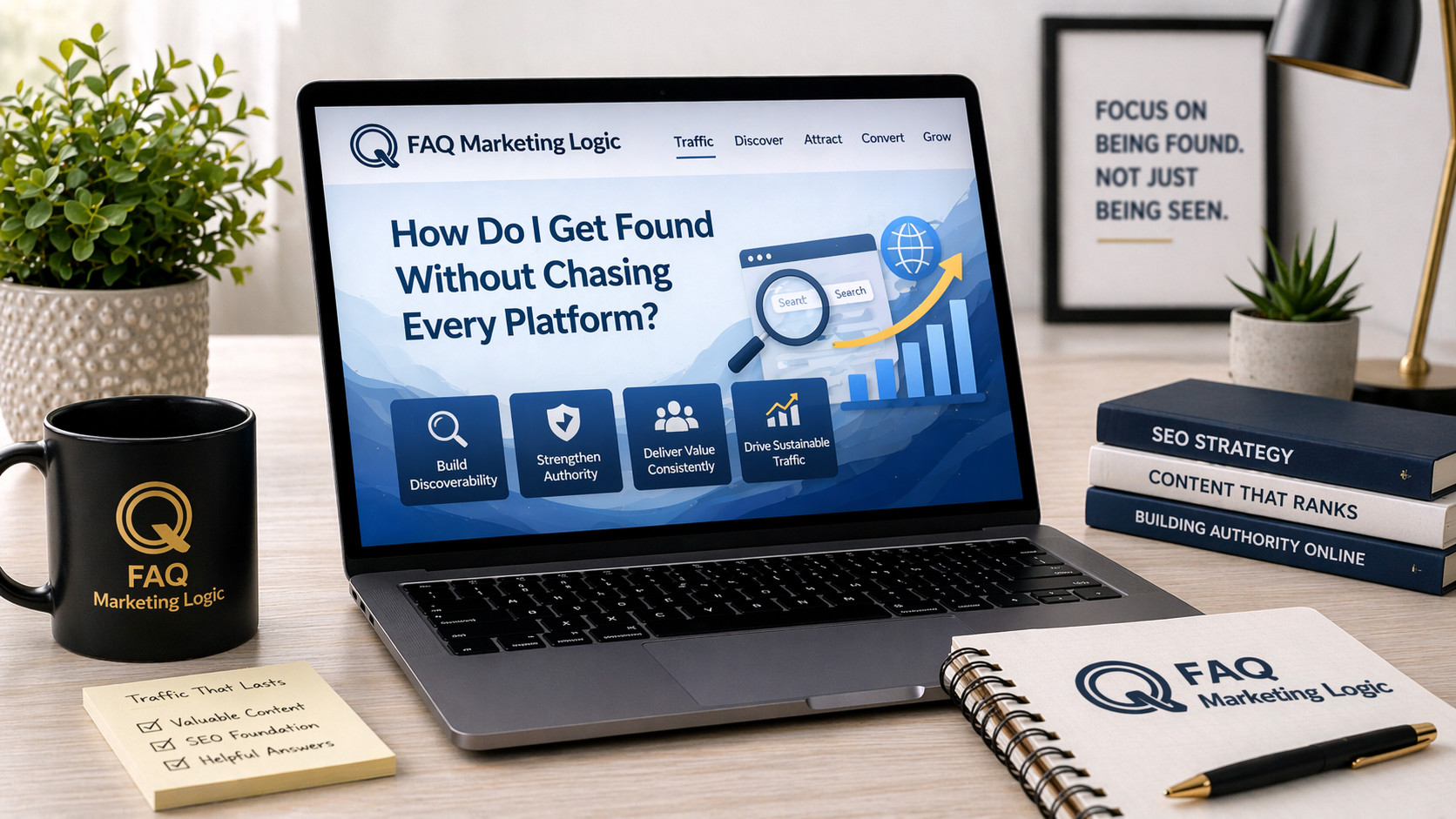 FAQ Marketing Logic traffic cornerstone guide displayed on laptop with branded notebook and search focused professional workspace setup
