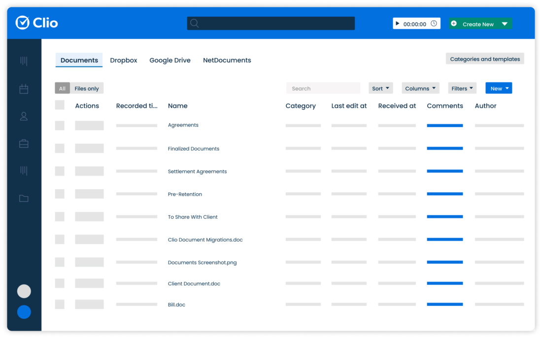 Clio Documents view showing call recordings and voicemails filed automatically