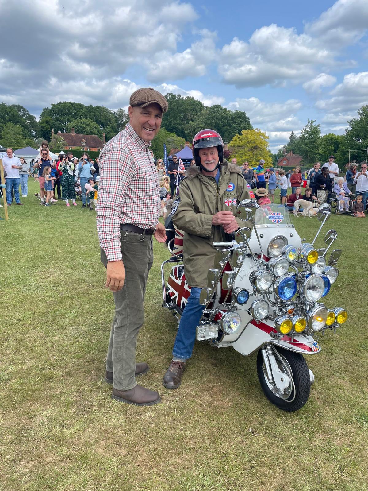 Vinnie Jones and the mod's Lambretta at Chiddingfold Village Fete