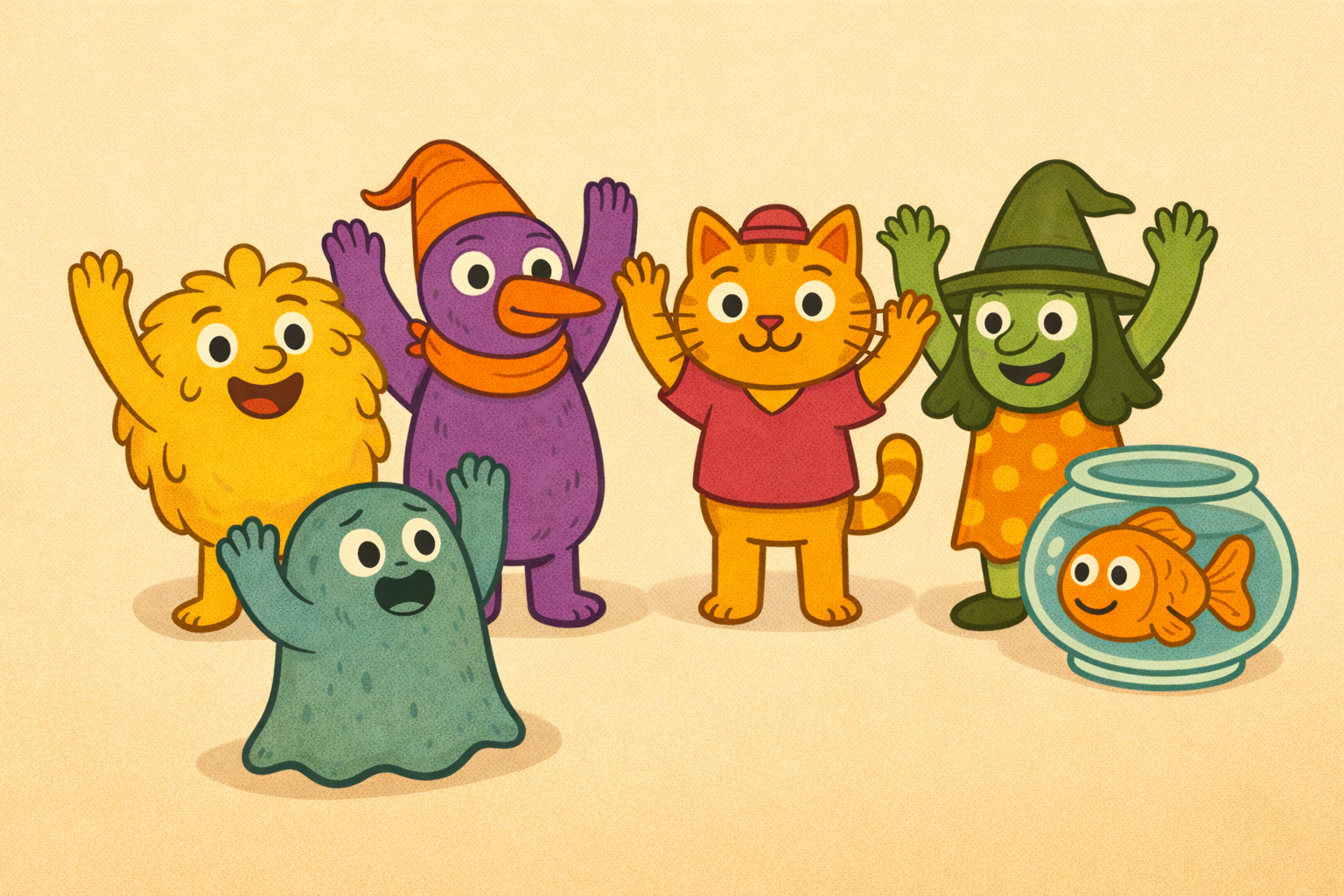 Each player selects one of the characters and takes all of the cards marked with the character.