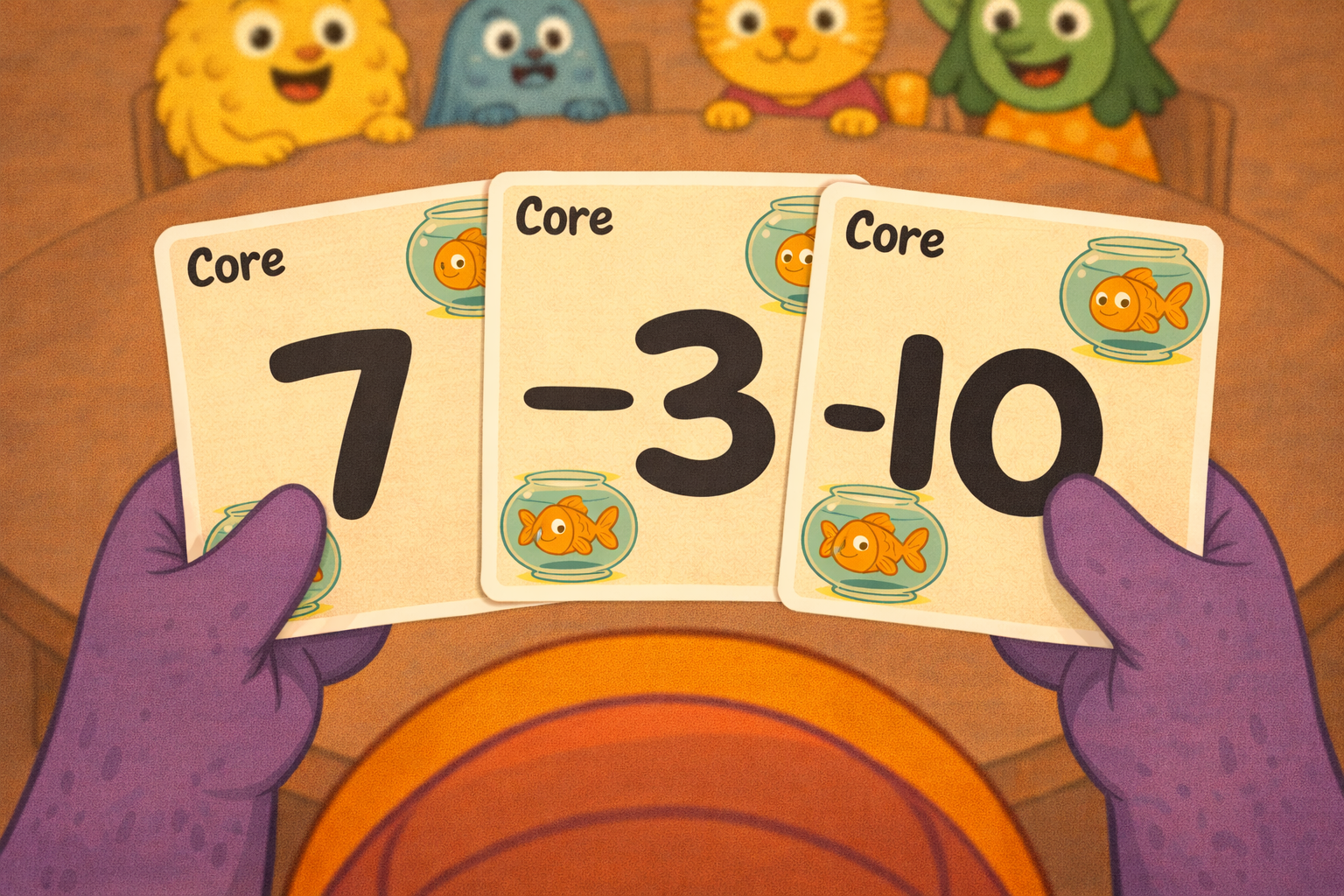 With the 22 cards (the 16 Core and 6 selected), shuffle them an dplace the pile face down in front of you. This is your Play Deck. Now draw the top three cards from your Play Deck. This is your Hand.