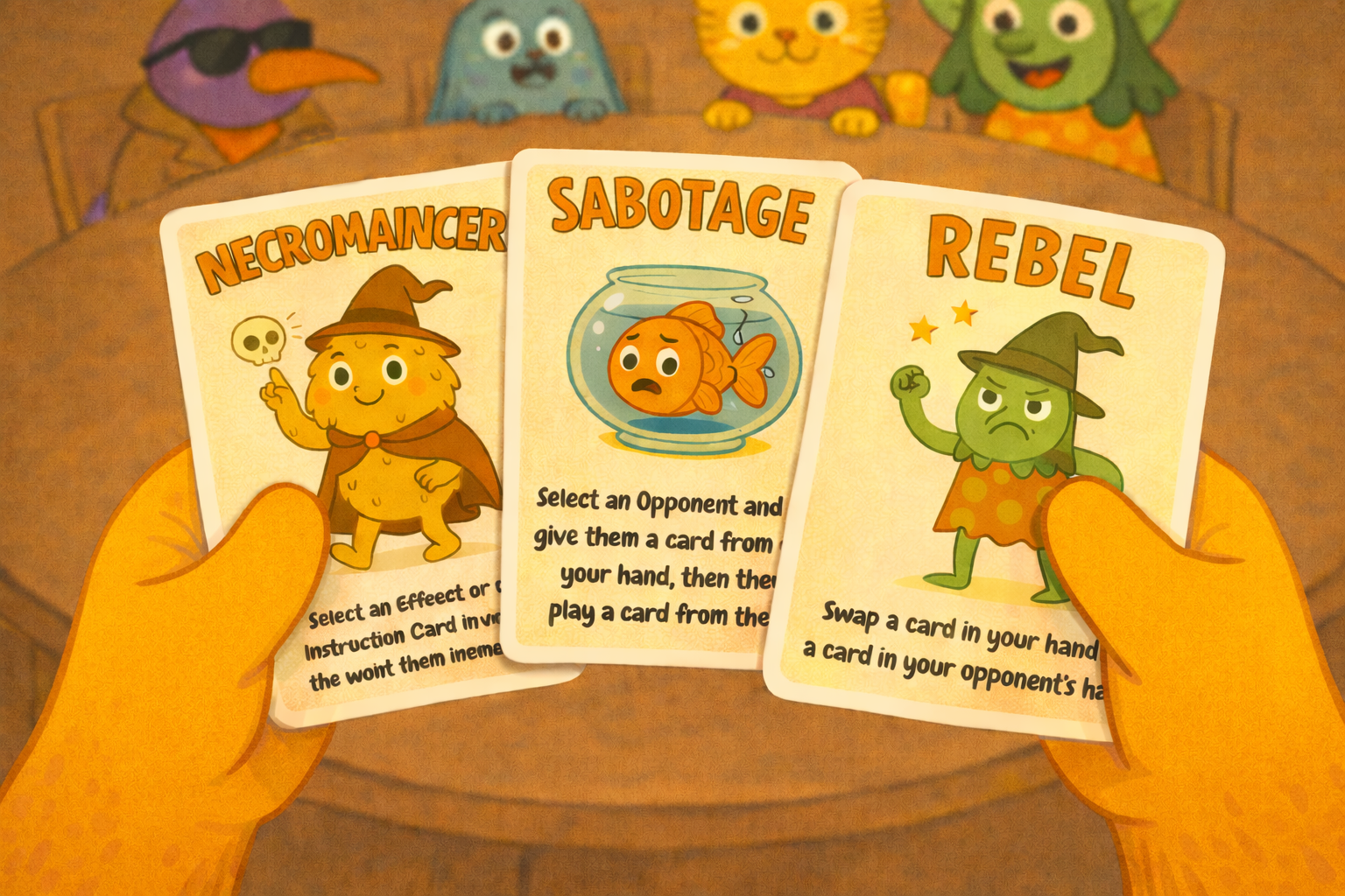 Once the Game Deck has its cards, each player goes through their Instruction Cards and selects 6 cards. These are the rectangular cards - some of these cards are marked with 'Effect'.