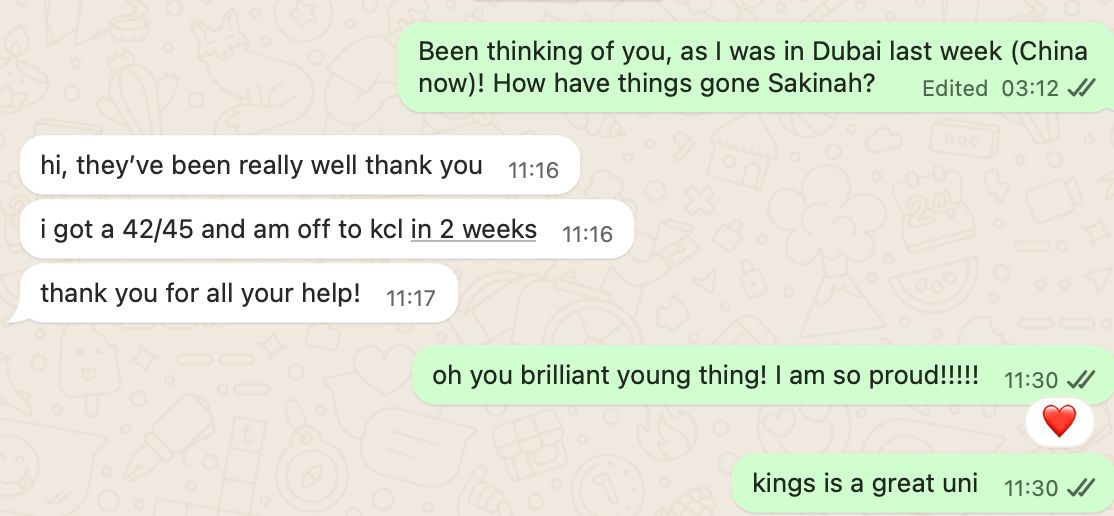 WhatsApp message: student got 42 out of 45 and is off to King's College London