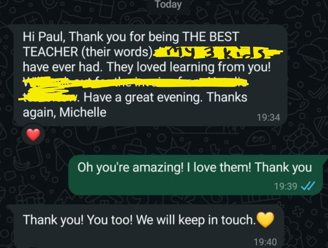 WhatsApp message from Michelle: Paul is the best teacher her three kids have ever had
