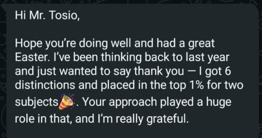 WhatsApp message: student got 6 distinctions and placed in the top 1% for two subjects