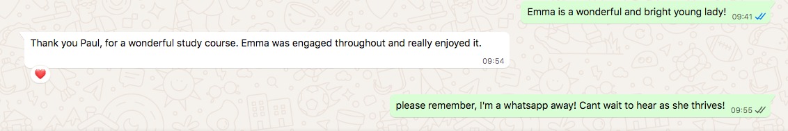 WhatsApp message from a parent: Emma was engaged throughout the study course and really enjoyed it