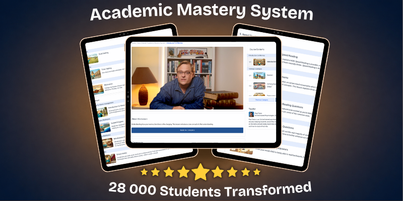 The Easy Cheetah Academic Mastery System shown on three tablets: the goal setting and stress management lesson list, a memory lesson playing a video of Paul Tosio with the course contents beside it, and the speed reading module