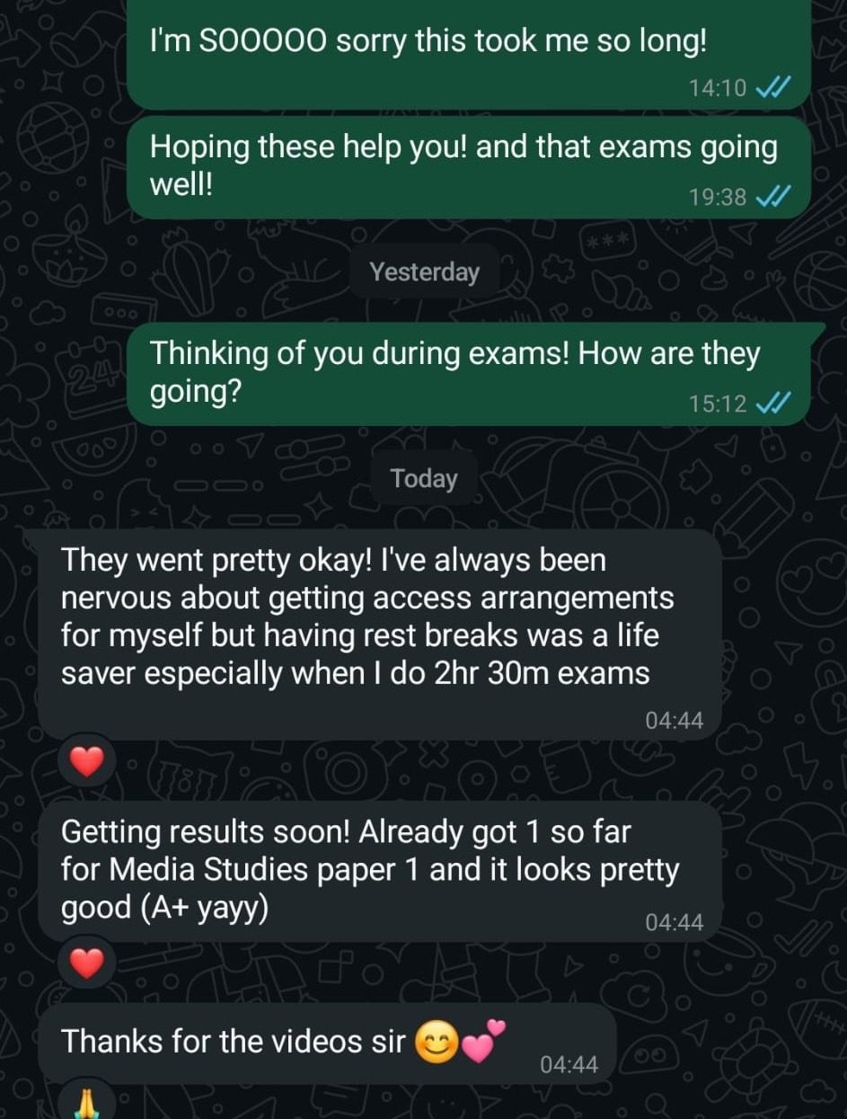 WhatsApp message: student got an A+ in Media Studies paper 1 and says rest breaks were a life saver in long exams