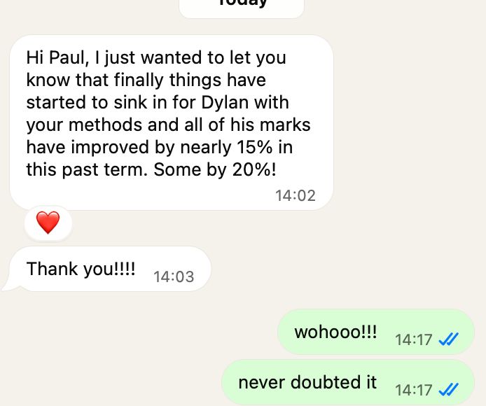 WhatsApp message from a parent: Dylan's marks improved by nearly 15% this term, some by 20%