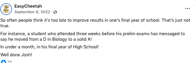 Facebook post: a student who attended three weeks before prelims moved from a D in Biology to a solid A in under a month