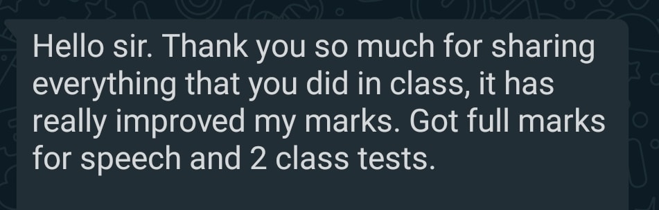 WhatsApp message: student got full marks for a speech and two class tests