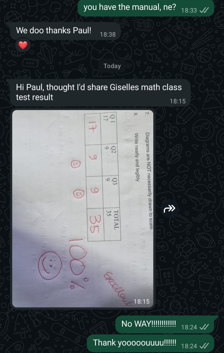 WhatsApp message from a parent sharing a photo of Giselle's marked maths class test: 35 out of 35, 100%
