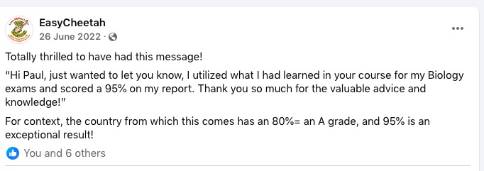 Facebook post: a student scored 95% in Biology using what they learned in the course