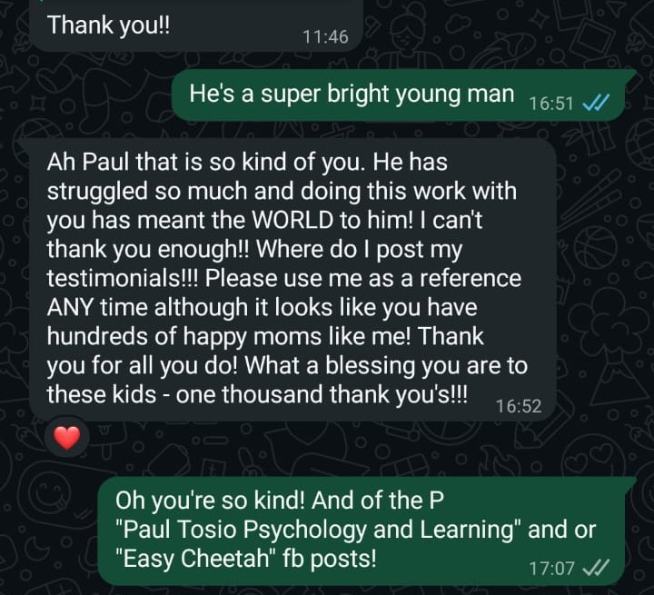 WhatsApp message from a parent: her son struggled so much and working with Paul has meant the world to him, and she offers to be a reference any time