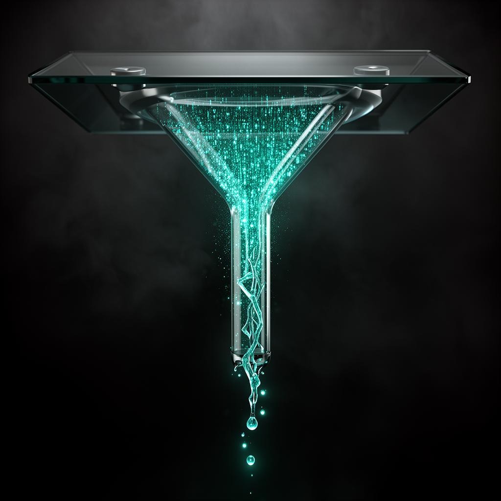 A glass funnel leaking teal data droplets