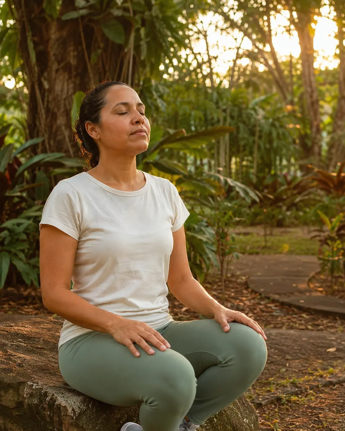 Persona practicando una técnica de respiración para calmar la ansiedad al aire libre