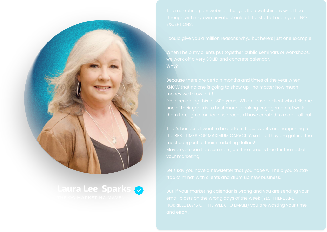 The marketing plan webinar that you’ll be watching is what I go through with my own private clients at the start of each year.  NO EXCEPTIONS.  I could give you a million reasons why… but here’s just one example:  When I help my clients put together public seminars or workshops, we work off a very SOLID and concrete calendar. Why?  Because there are certain months and times of the year when I KNOW that no one is going to show up—no matter how much money we throw at it! I’ve been doing this for 30+ years. When I have a client who tells me one of their goals is to host more speaking engagements, I walk them through a meticulous process I have created to map it all out.  That’s because I want to be certain these events are happening at the BEST TIMES FOR MAXIMUM CAPACITY, so that they are getting the most bang out of their marketing dollars! Maybe you don’t do seminars, but the same is true for the rest of your marketing!  Let’s say you have a newsletter that you hope will help you to stay “top of mind” with clients and drum up new business.    But, if your marketing calendar is wrong and you are sending your email blasts on the wrong days of the week (YES, THERE ARE HORRIBLE DAYS OF THE WEEK TO EMAIL!) you are wasting your time and effort!