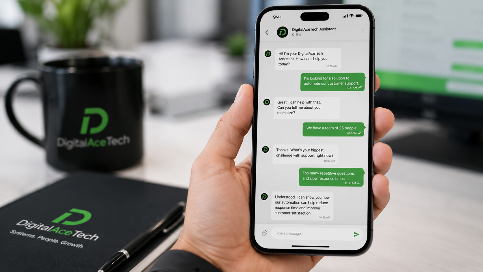 DigitalAceTech automated assistant responding to a customer support inquiry