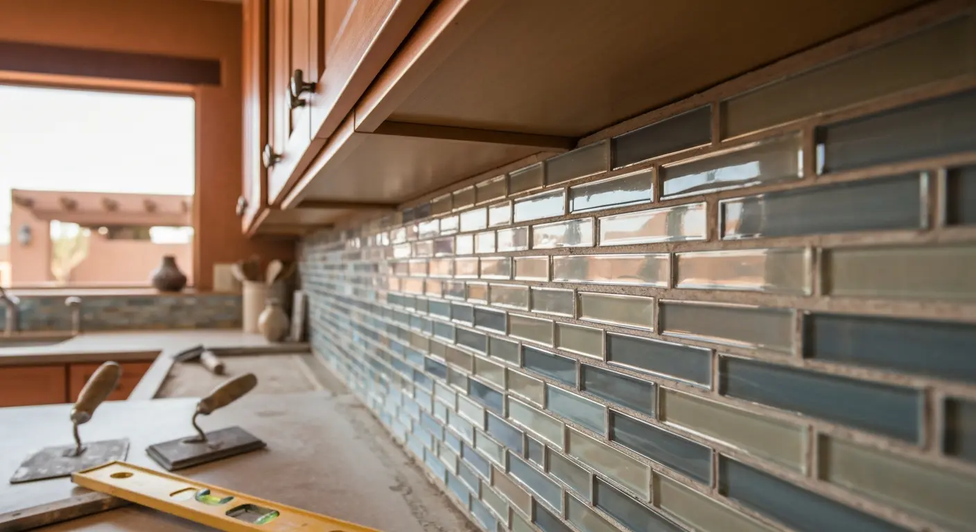 Glass and mosaic backsplash tiles
