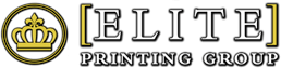 Elite Printing Group logo with gold crown emblem and bold black lettering, symbolizing professional printing and design services in New England.