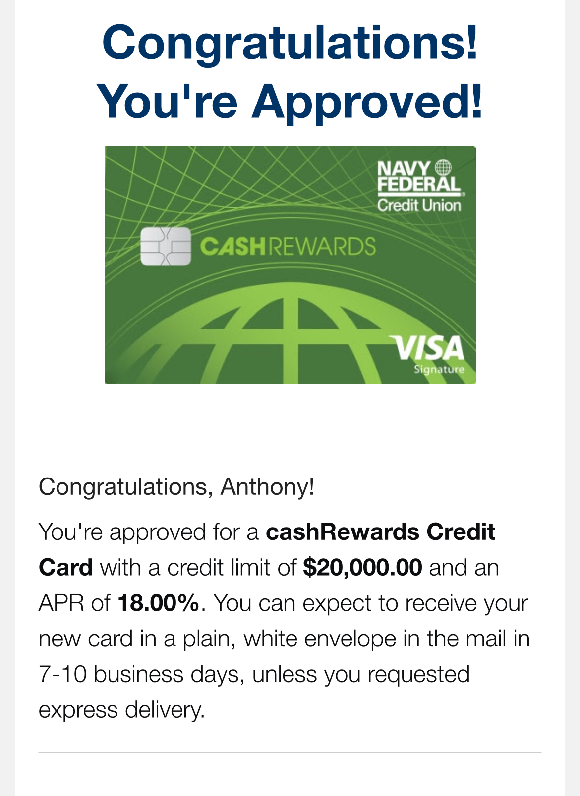 Navy Federal Cash Rewards $20K approval