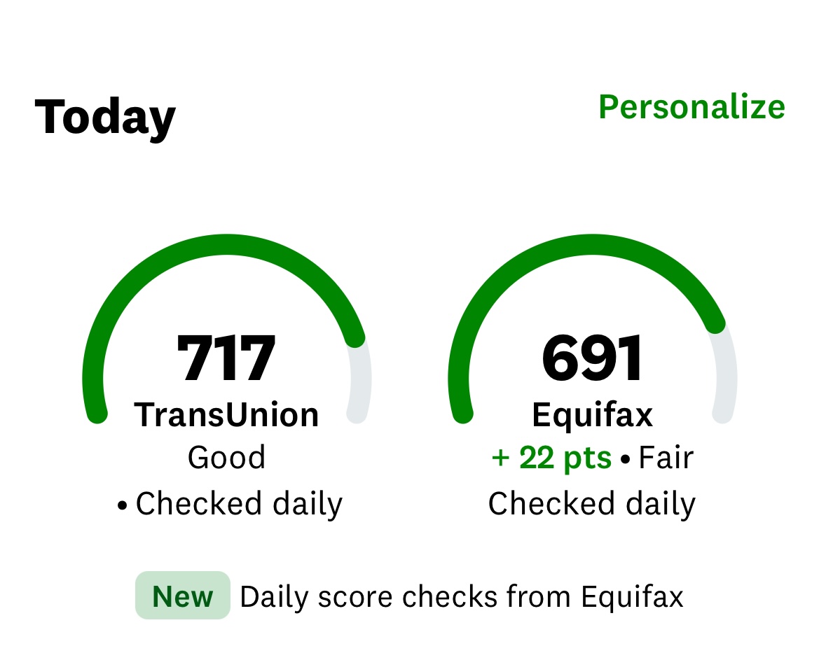Client score result — TransUnion 717, Equifax 691