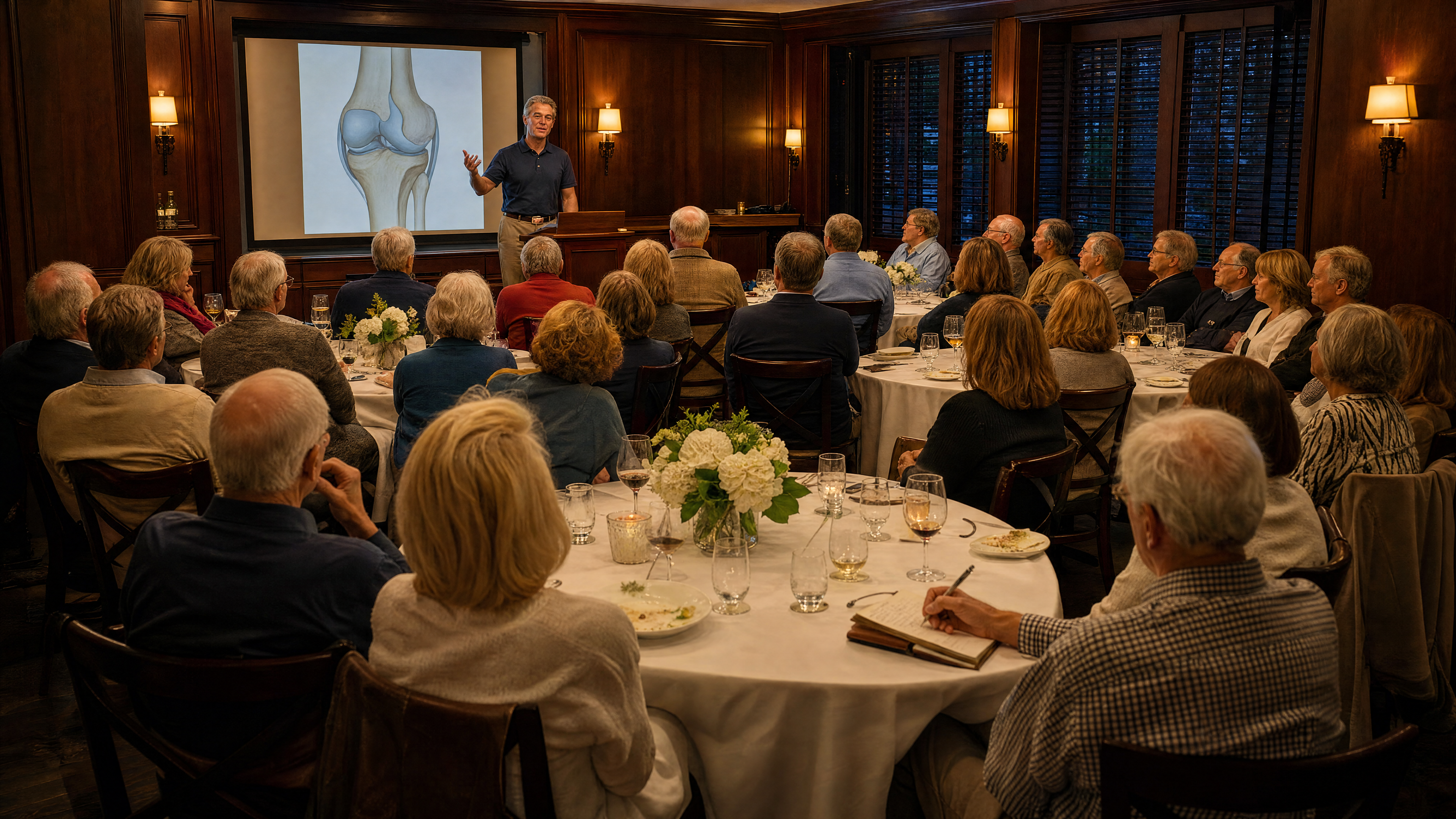 Patient education seminar in progress — physician presenting a knee diagram to a room of attendees at a private restaurant venue
