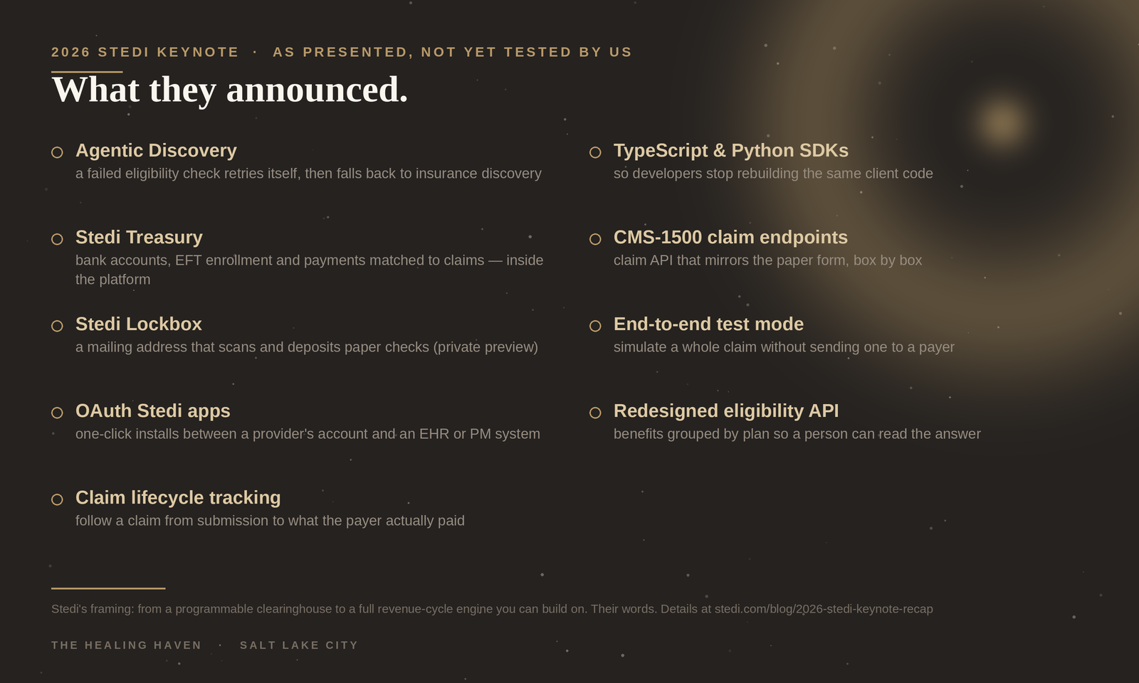 What was announced at the 2026 Stedi Keynote, as presented: Agentic Discovery, Stedi Treasury, Stedi Lockbox, OAuth Stedi apps, claim lifecycle tracking, TypeScript and Python SDKs, CMS-1500 endpoints, end-to-end test mode, and a redesigned eligibility API