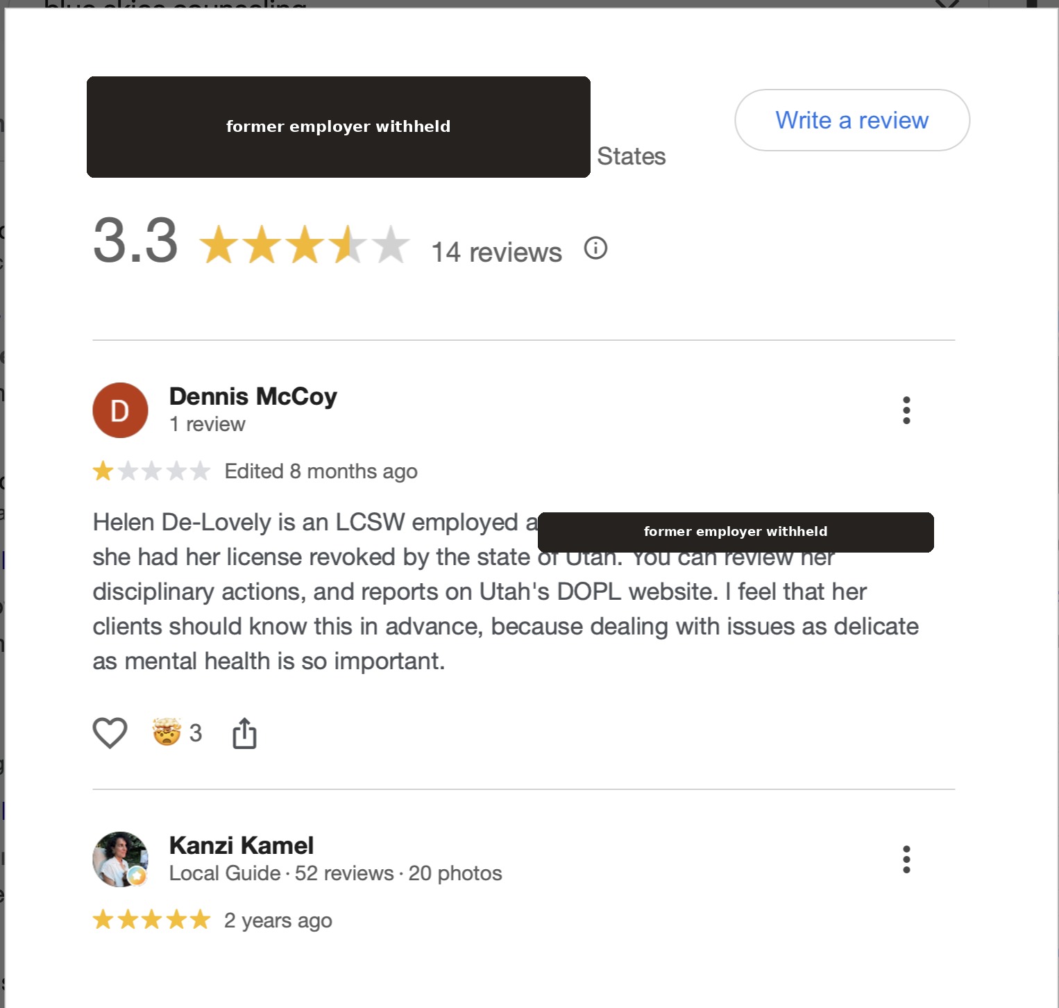 One-star review by Dennis McCoy on a former employer's Google page, edited about eight months before June 2026, alleging license revocation. Former employer's name withheld.