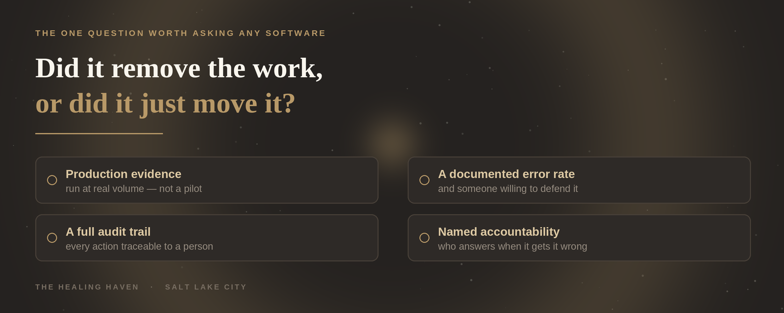 Did it remove the work, or did it just move it? Four things to demand: production evidence, a documented error rate, a full audit trail, and named accountability