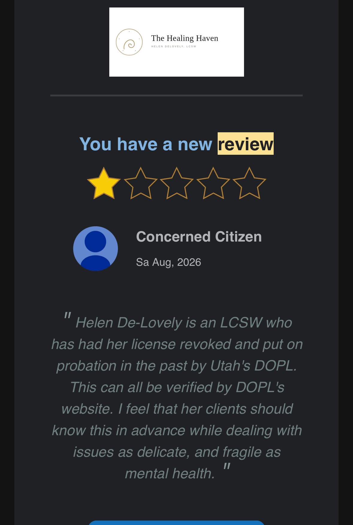 Email notification of a new review from the account Concerned Citizen.