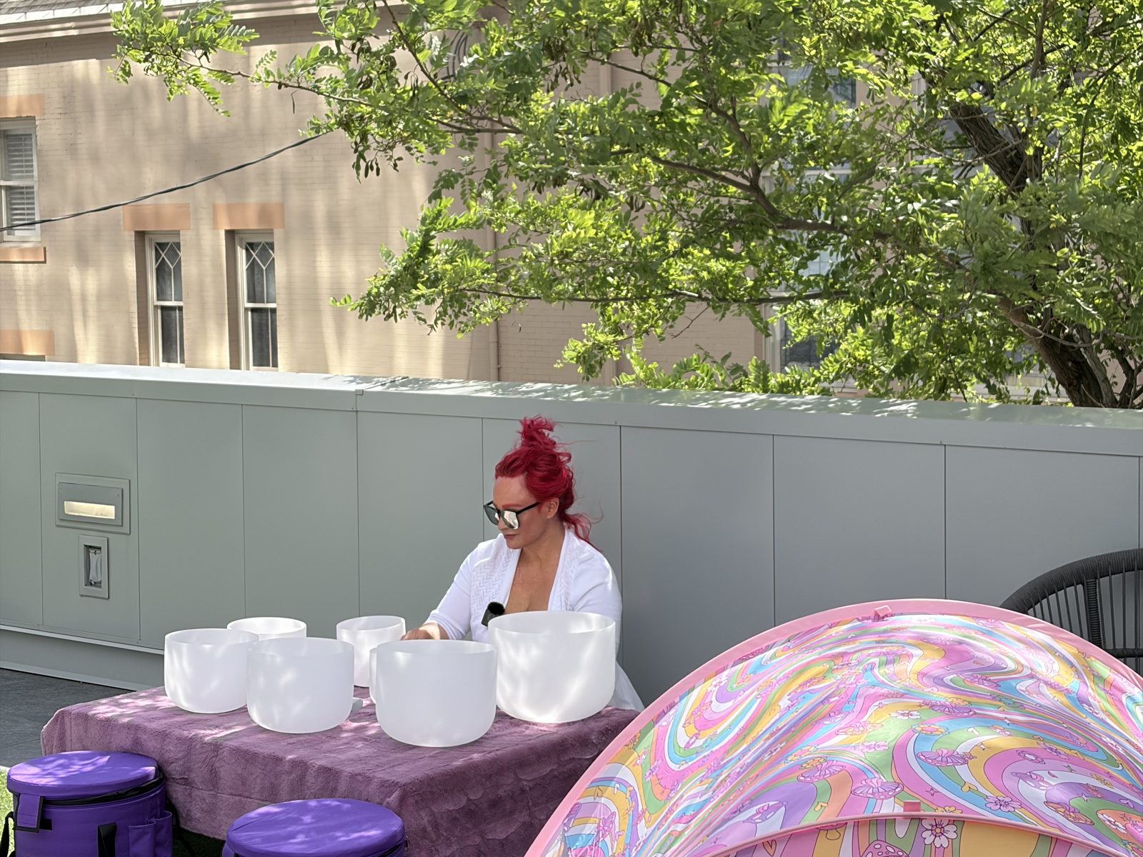 Crystal singing bowls set up for a sound bath