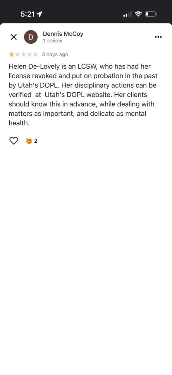 One-star review by Dennis McCoy on The Healing Haven's Google profile, June 2026, alleging license revocation and probation.