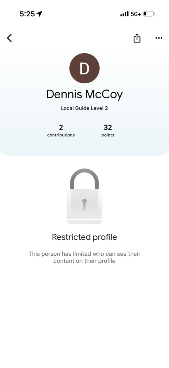 Dennis McCoy's Google profile: two contributions, restricted profile.