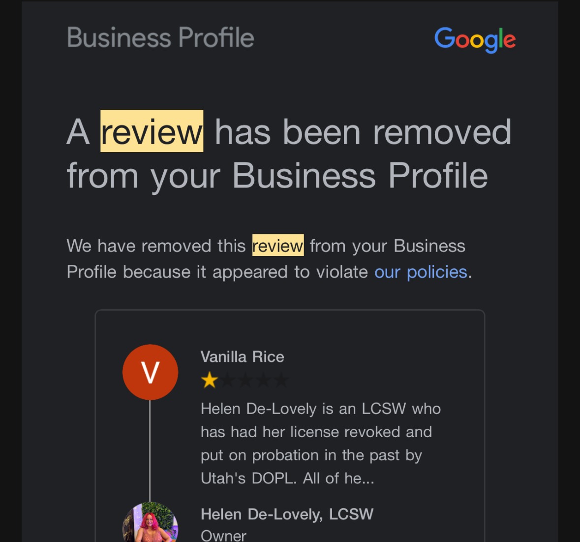 Google's email confirming removal of the Vanilla Rice review, August 8, 2026.