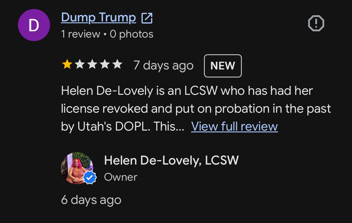 Review posted under the name Dump Trump, with Helen's reply.