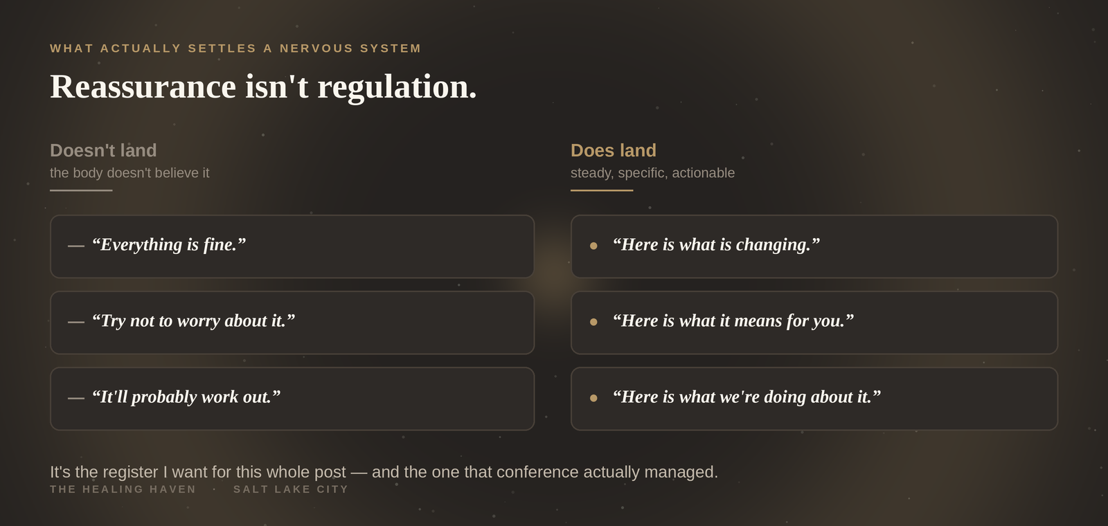 Reassurance isn't regulation — everything is fine doesn't land, while here is what is changing, here is what it means for you, here is what we're doing about it does