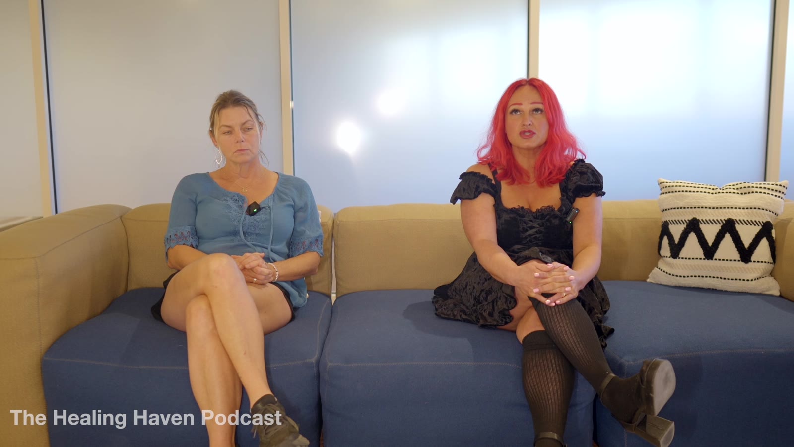 Helen De-Lovely and her interviewer on the couch at The Healing Haven, recording Episode 2 of The Healing Haven Podcast in front of a live audience