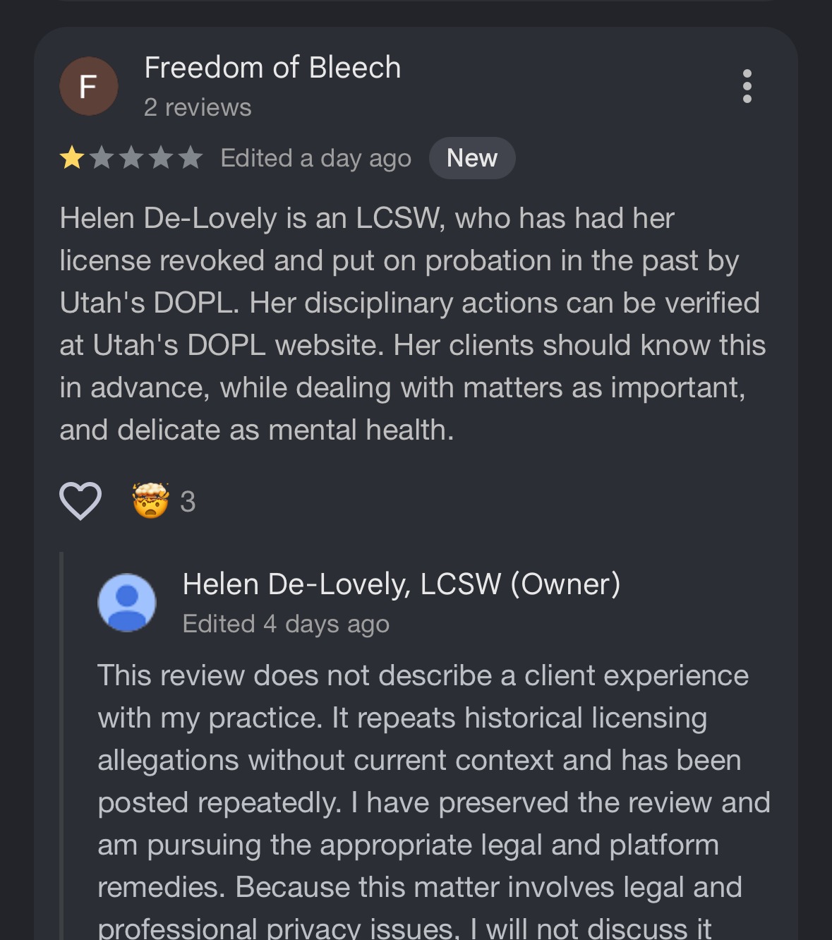 Review posted under the name Freedom of Bleach, with Helen's full public reply.