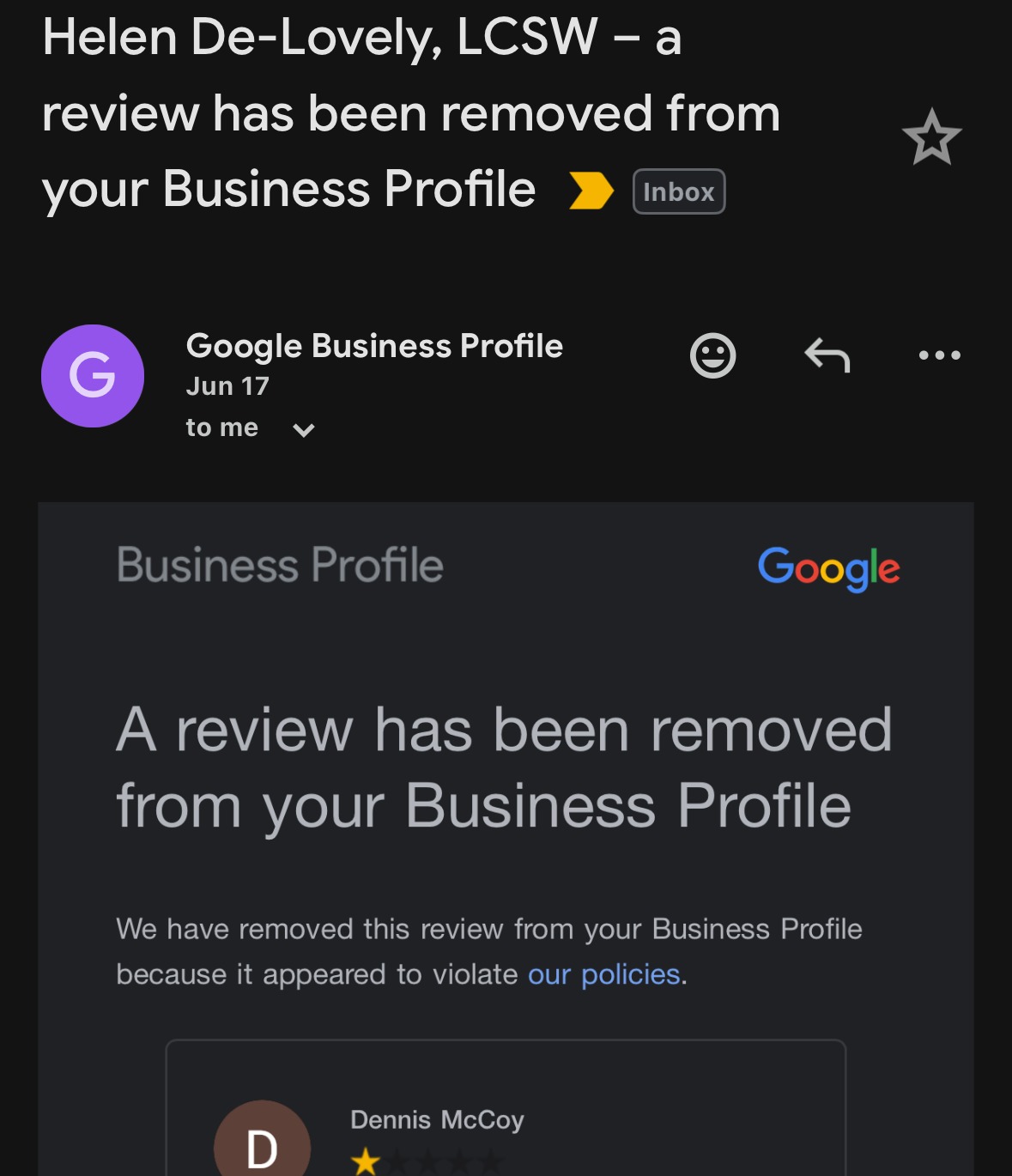 Google's email confirming removal of the Dennis McCoy review, June 17, 2026.