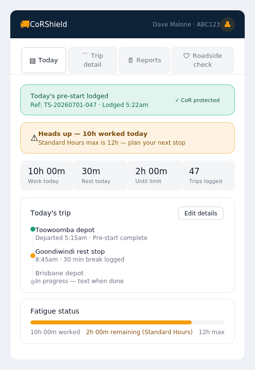 CoRShield today dashboard showing work hours, rest time and trip status