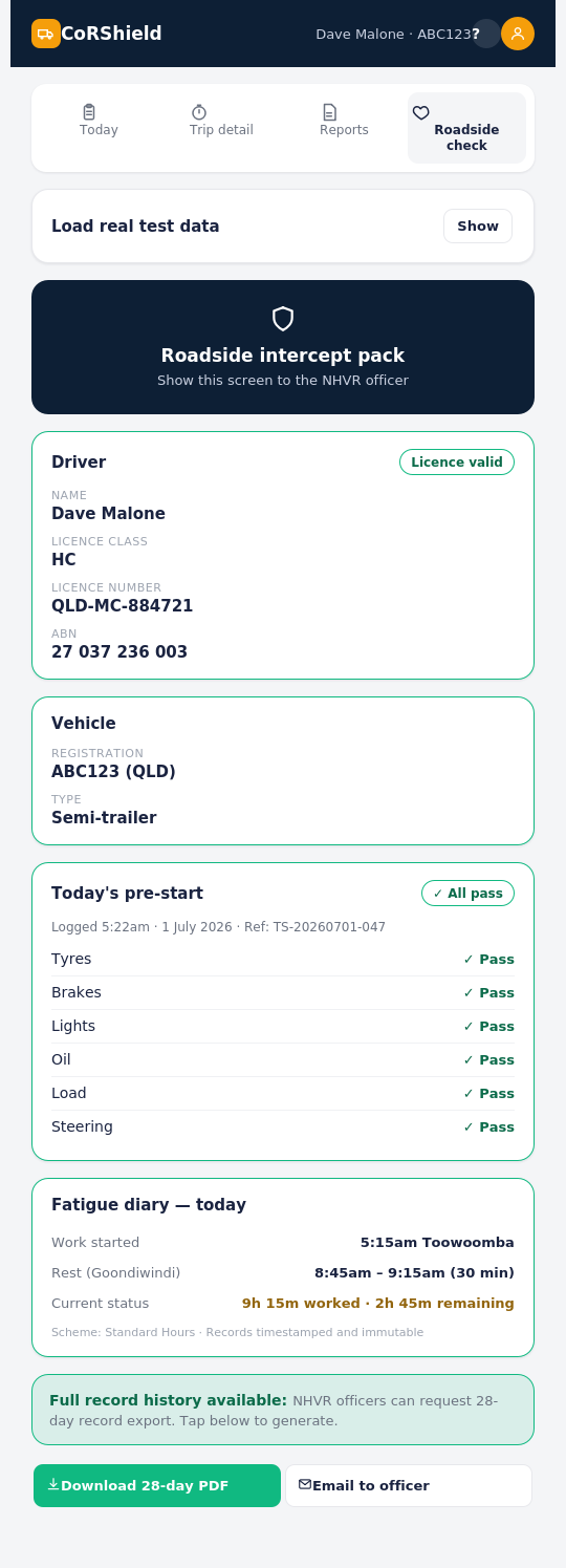 CoRShield roadside intercept pack showing driver, vehicle and pre-start records