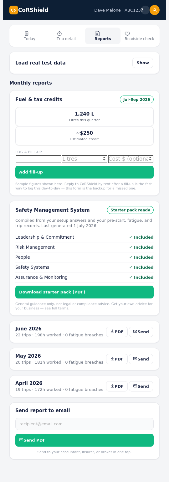 CoRShield monthly compliance reports ready to send to an accountant or insurer